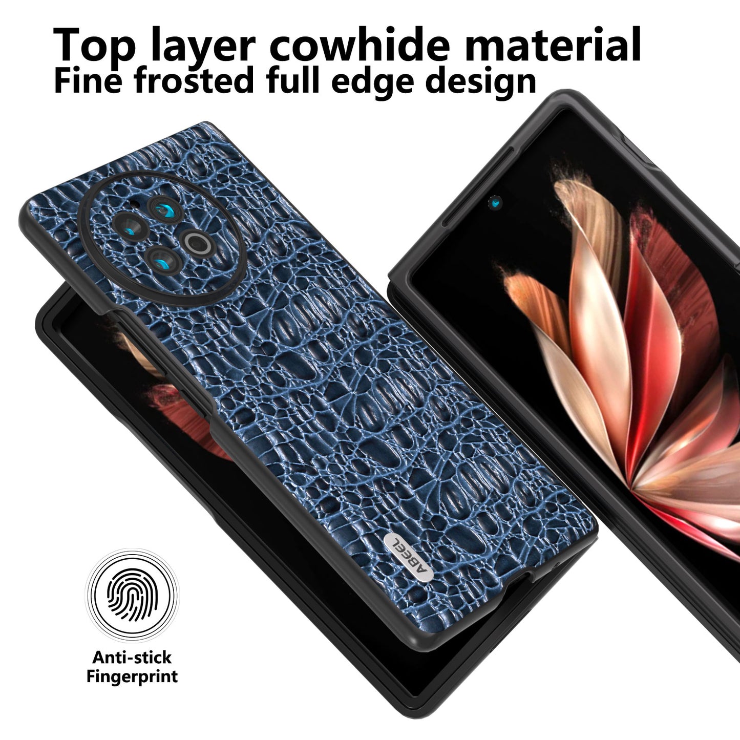 ABEEL For vivo X Fold2 Textured Genuine Cow Leather Coated PC Cover Black Edge Phone Protector Case - Blue