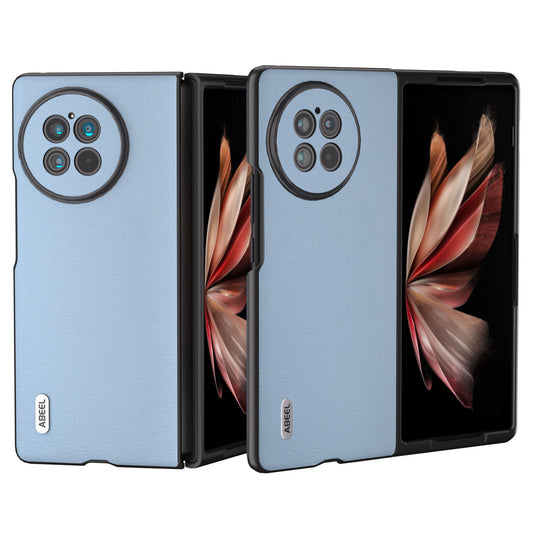 ABEEL Phone Case for vivo X Fold2 Black Edge Shell Genuine Cow Leather Coated PC Back Cover - Blue