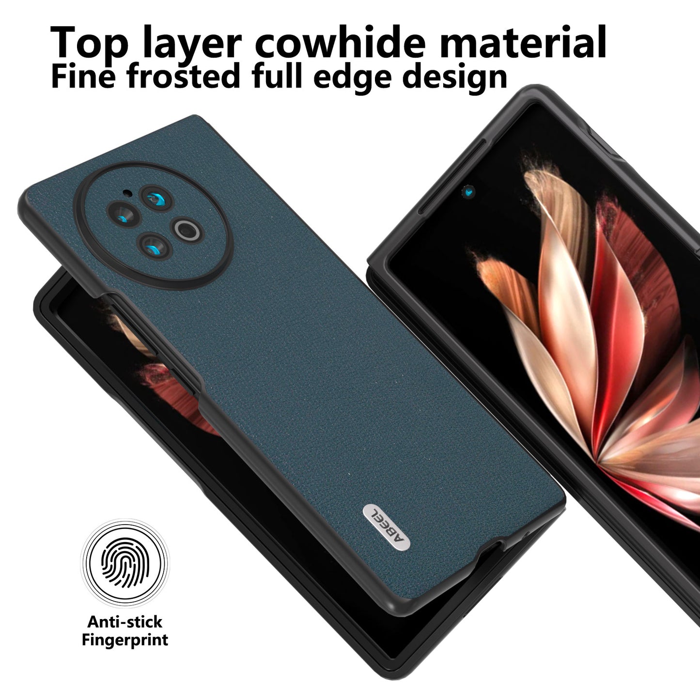 ABEEL Phone Case for vivo X Fold2 Black Edge Shell Genuine Cow Leather Coated PC Back Cover - Green