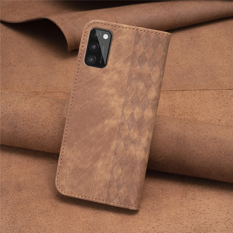 For Samsung Galaxy A41 (Global Version) Imprinting Pattern Cover Stand Wallet Magnetic Clasp Phone Case - Brown