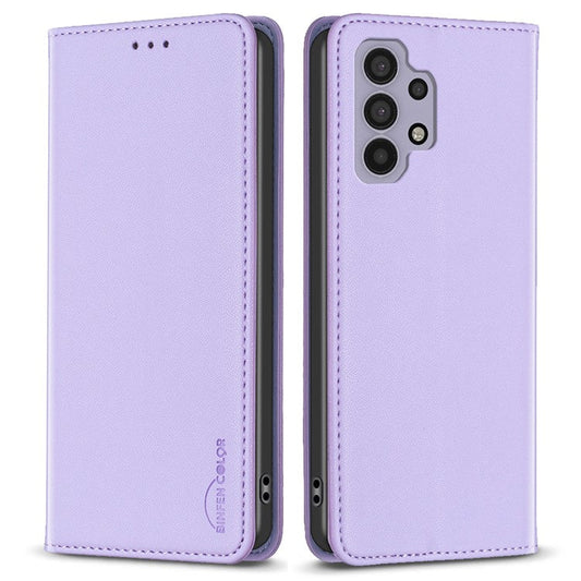 BINFEN COLOR BF18 for Samsung Galaxy A32 4G (EU Version) Card Holder Phone Case PU Leather Stand Cover - Purple