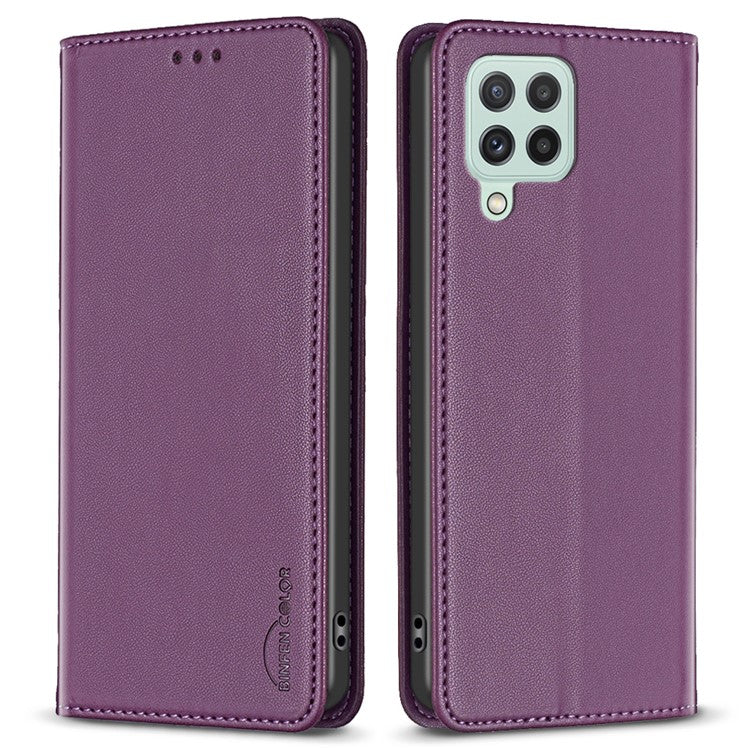 BINFEN COLOR BF18 Leather Case for Samsung Galaxy A12 Card Holder Full Protection Phone Stand Cover - Dark Purple