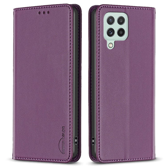 BINFEN COLOR BF18 Leather Case for Samsung Galaxy A12 Card Holder Full Protection Phone Stand Cover - Dark Purple
