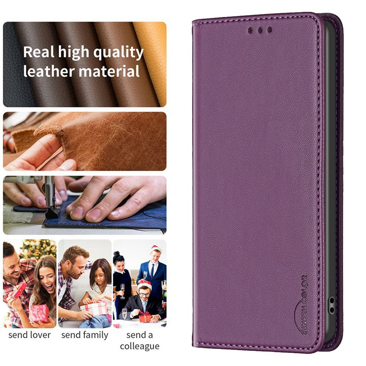 BINFEN COLOR BF18 Leather Case for Samsung Galaxy A12 Card Holder Full Protection Phone Stand Cover - Dark Purple