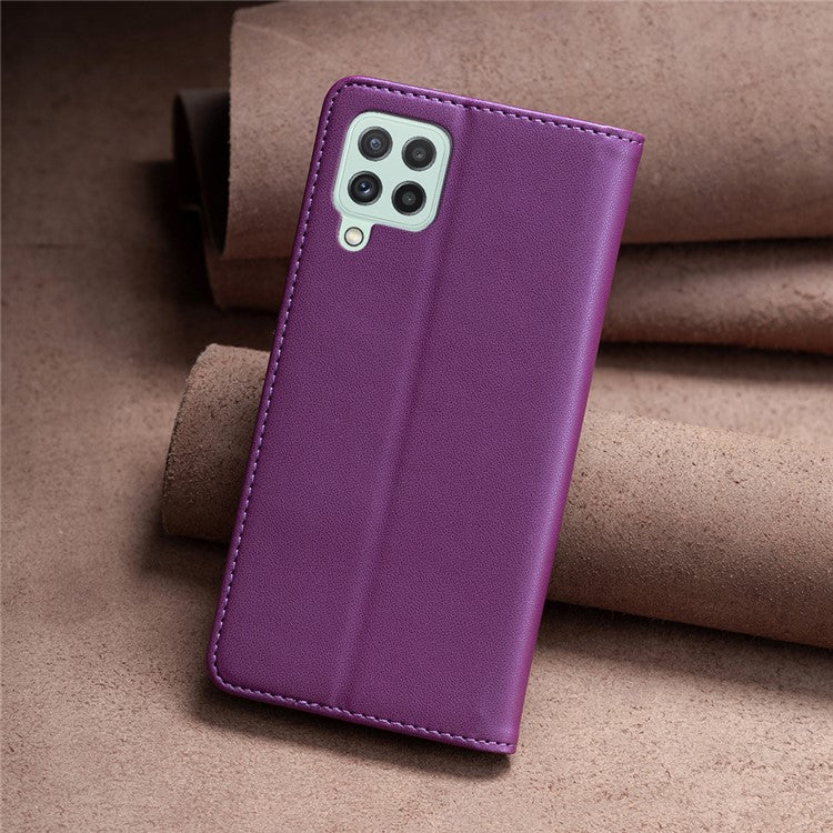 BINFEN COLOR BF18 Leather Case for Samsung Galaxy A12 Card Holder Full Protection Phone Stand Cover - Dark Purple