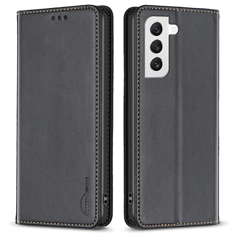 BINFEN COLOR BF18 For Samsung Galaxy S22+ 5G Flip Leather Case Card Slots Stand Protective Phone Cover - Black
