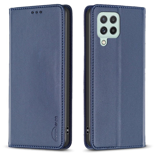 BINFEN COLOR BF18 For Samsung Galaxy A22 4G (EU Version) Phone Case with Card Holder PU Leather Stand Flip Cover - Blue