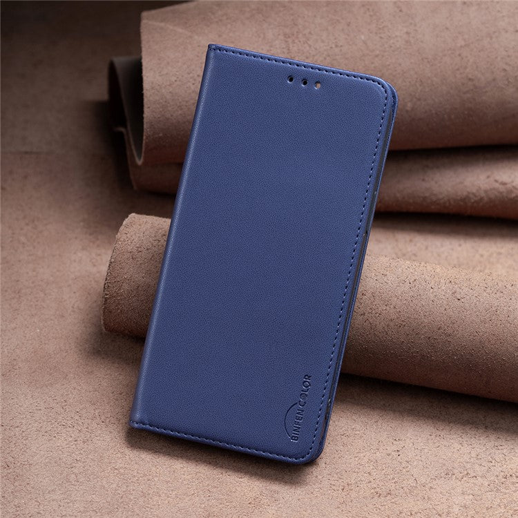 BINFEN COLOR BF18 For Samsung Galaxy A22 4G (EU Version) Phone Case with Card Holder PU Leather Stand Flip Cover - Blue