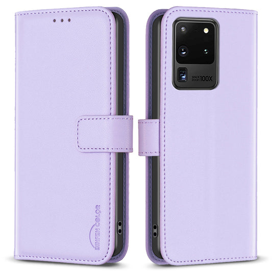 BINFEN COLOR BF17 TPU+PU Leather Phone Cover for Samsung Galaxy S20 Ultra Stand Magnetic Phone Case Wallet - Purple