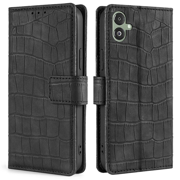 For Samsung Galaxy F14 5G Skin-touch Feeling Phone Case Crocodile Texture Wallet Stand PU Leather Cover - Black