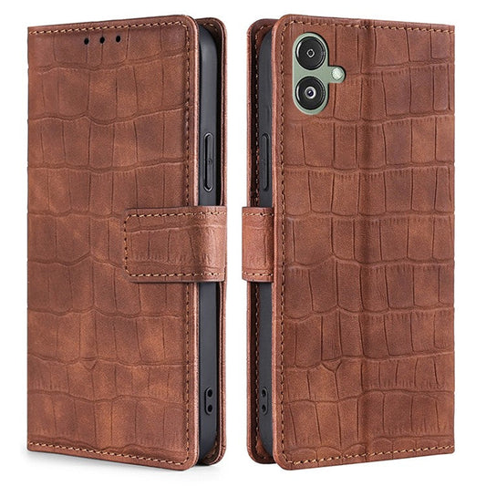 For Samsung Galaxy F14 5G Skin-touch Feeling Phone Case Crocodile Texture Wallet Stand PU Leather Cover - Brown