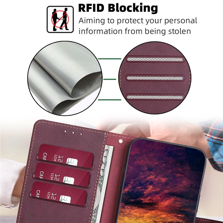 For Samsung Galaxy F14 5G RFID Blocking Wallet Phone Case PU Leather Cowhide Texture Stand Cover - Wine Red