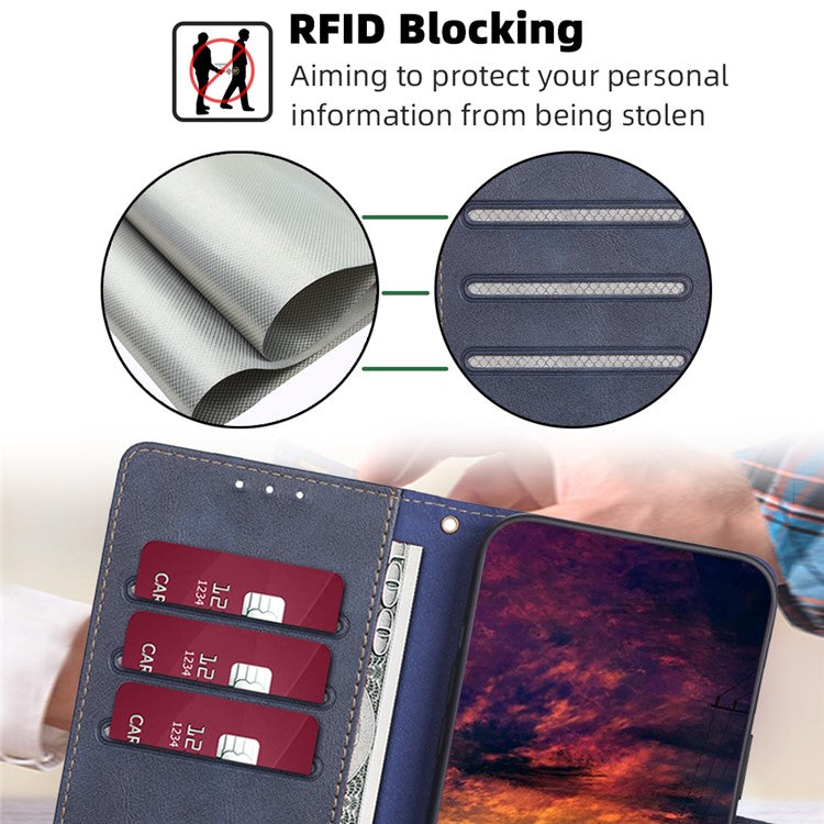 For Samsung Galaxy F14 5G RFID Blocking Wallet Phone Case PU Leather Cowhide Texture Stand Cover - Blue