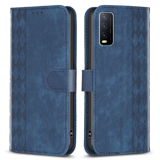 For vivo Y20s / Y11s / Y30 (China) / Y20 / Y20i / iQOO U1x Grid Pattern Imprinting Phone Case Stand Wallet Cover - Blue