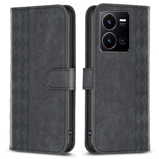 Phone Case for vivo Y35 4G (2022) / Y22s 4G PU Leather Grid Pattern Imprinted Cover with Stand Wallet - Black
