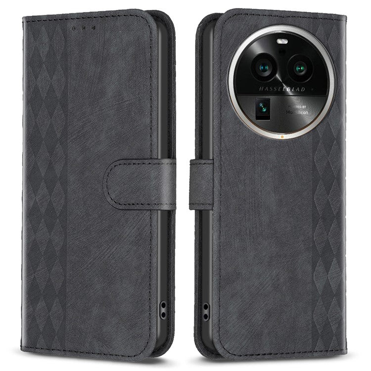 Phone Case for Oppo Find X6 Pro PU Leather Grid Pattern Imprinted Cover Stand Wallet Drop-proof Shell - Black