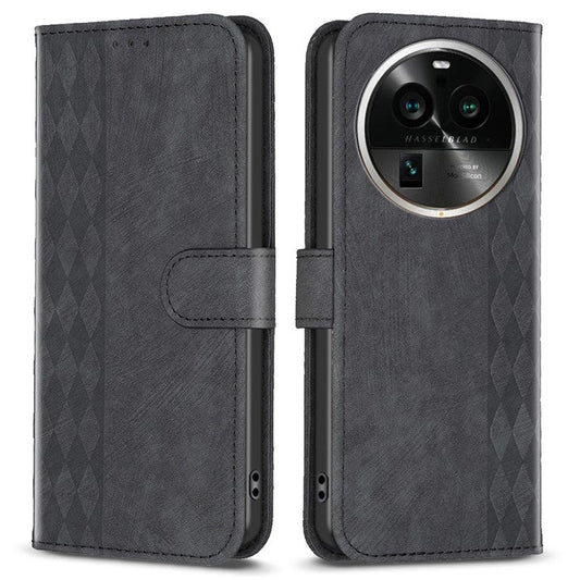 Phone Case for Oppo Find X6 Pro PU Leather Grid Pattern Imprinted Cover Stand Wallet Drop-proof Shell - Black