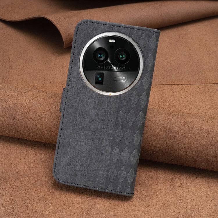 Phone Case for Oppo Find X6 Pro PU Leather Grid Pattern Imprinted Cover Stand Wallet Drop-proof Shell - Black