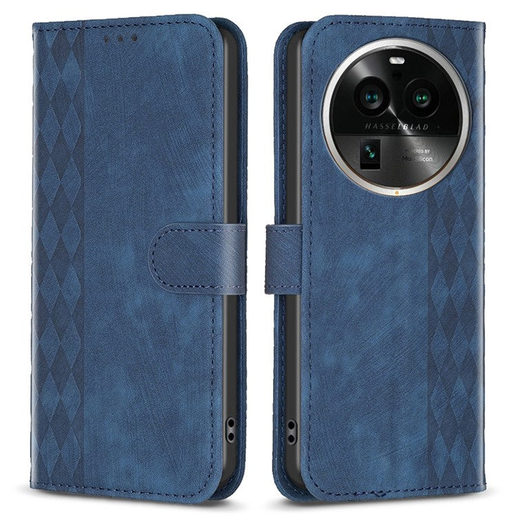 Phone Case for Oppo Find X6 Pro PU Leather Grid Pattern Imprinted Cover Stand Wallet Drop-proof Shell - Blue