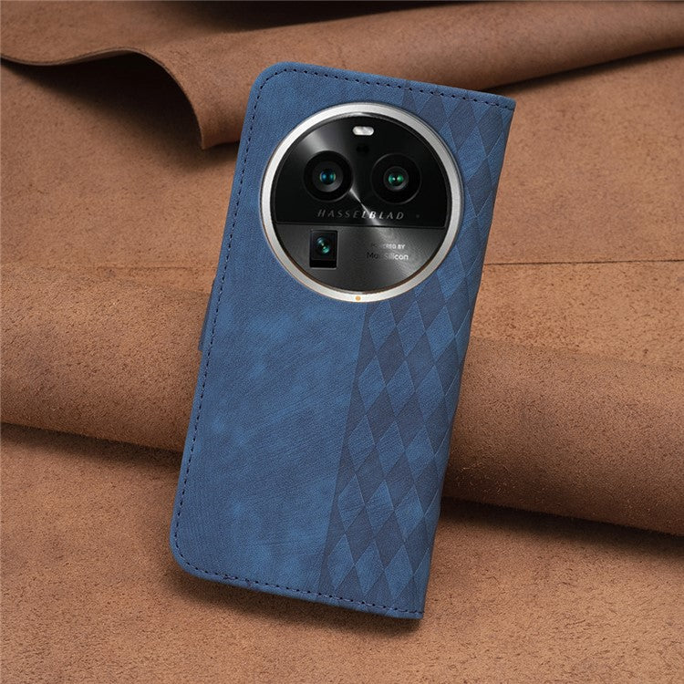 Phone Case for Oppo Find X6 Pro PU Leather Grid Pattern Imprinted Cover Stand Wallet Drop-proof Shell - Blue