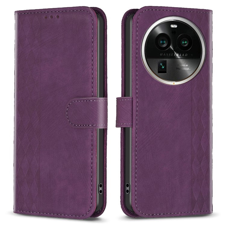 Phone Case for Oppo Find X6 Pro PU Leather Grid Pattern Imprinted Cover Stand Wallet Drop-proof Shell - Purple