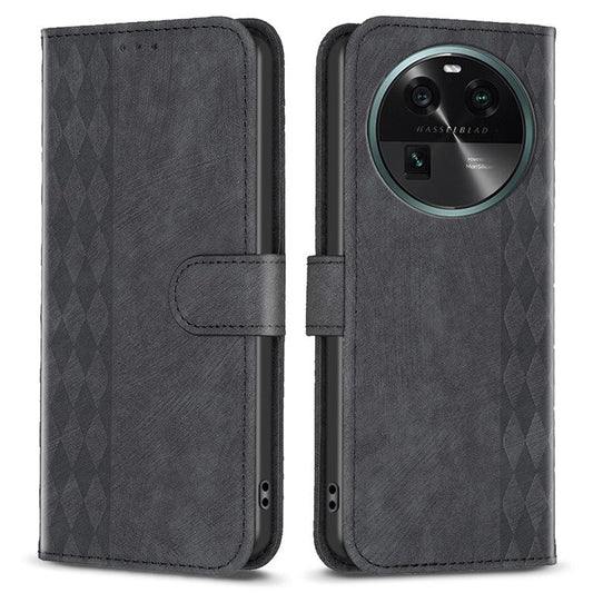 Phone Case for Oppo Find X6 Grid Pattern Imprinted Cover Stand Wallet PU Leather Drop-proof Shell - Black