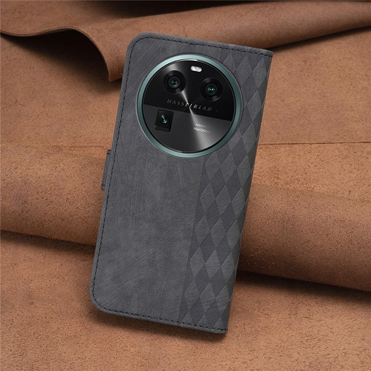 Phone Case for Oppo Find X6 Grid Pattern Imprinted Cover Stand Wallet PU Leather Drop-proof Shell - Black