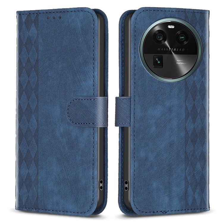 Phone Case for Oppo Find X6 Grid Pattern Imprinted Cover Stand Wallet PU Leather Drop-proof Shell - Blue
