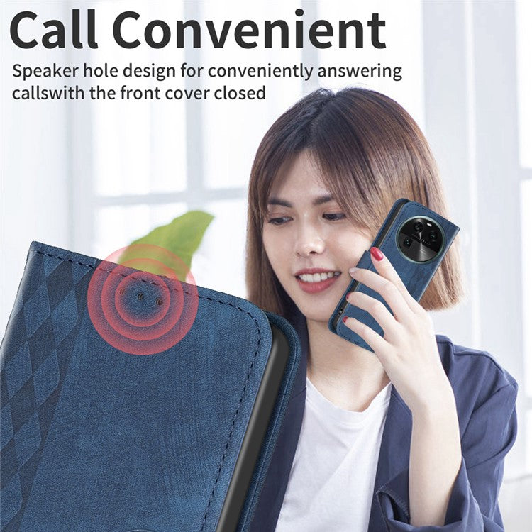 Phone Case for Oppo Find X6 Grid Pattern Imprinted Cover Stand Wallet PU Leather Drop-proof Shell - Blue