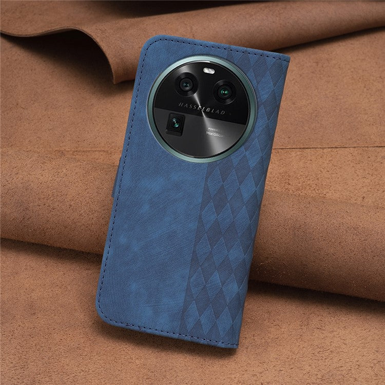 Phone Case for Oppo Find X6 Grid Pattern Imprinted Cover Stand Wallet PU Leather Drop-proof Shell - Blue