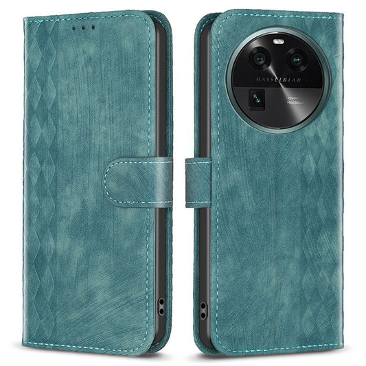 Phone Case for Oppo Find X6 Grid Pattern Imprinted Cover Stand Wallet PU Leather Drop-proof Shell - Green