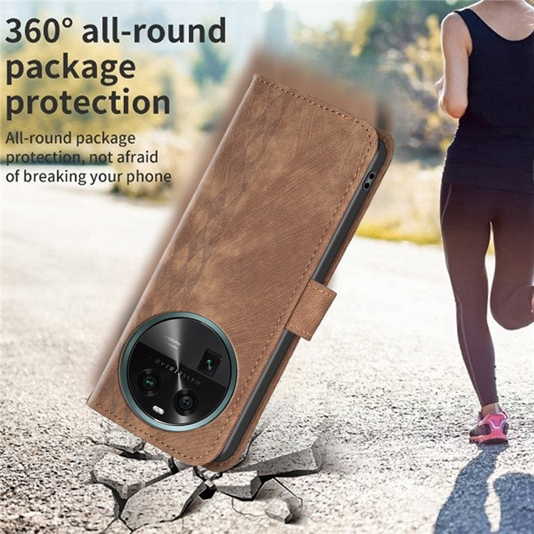 Phone Case for Oppo Find X6 Grid Pattern Imprinted Cover Stand Wallet PU Leather Drop-proof Shell - Brown
