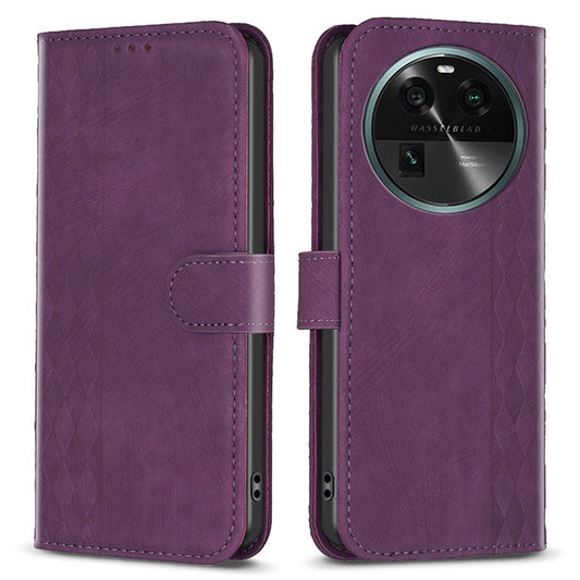 Phone Case for Oppo Find X6 Grid Pattern Imprinted Cover Stand Wallet PU Leather Drop-proof Shell - Purple