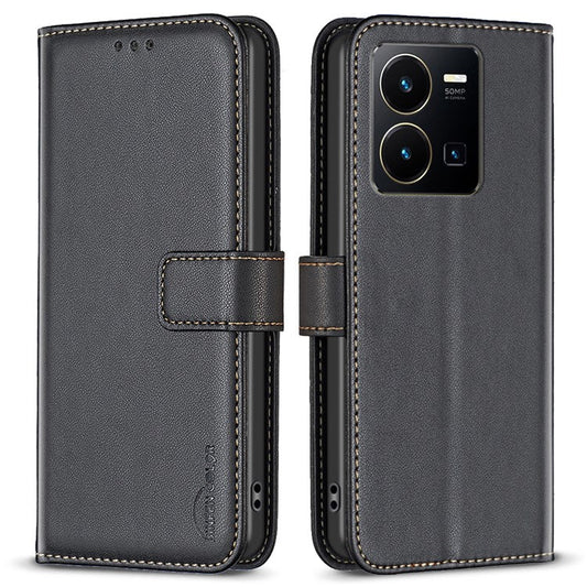 BINFEN COLOR BF17 For vivo Y35 4G (2022) / Y22s 4G PU Leather Wallet Case Stand Phone Cover - Black