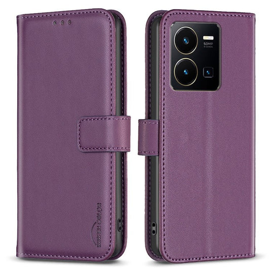 BINFEN COLOR BF17 For vivo Y35 4G (2022) / Y22s 4G PU Leather Wallet Case Stand Phone Cover - Dark Purple
