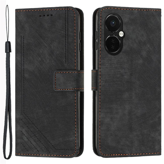 For OnePlus Nord CE3 5G / CE 3 Lite 5G / Nord N30 5G PU Leather Skin-touch Stand Imprinted Lines Wallet Phone Cover - Black