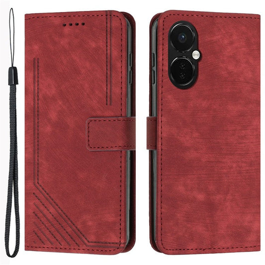 For OnePlus Nord CE3 5G / CE 3 Lite 5G / Nord N30 5G PU Leather Skin-touch Stand Imprinted Lines Wallet Phone Cover - Red