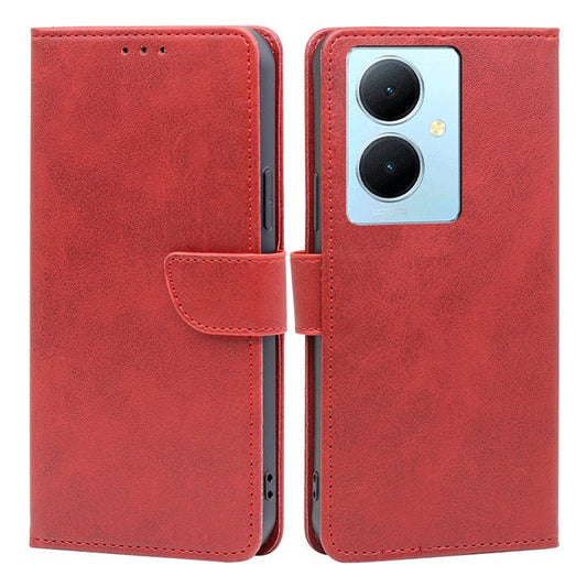 For vivo Y78+ 5G PU Leather Flip Cover Calf Texture Wallet Stand Magnetic Protective Phone Case - Red