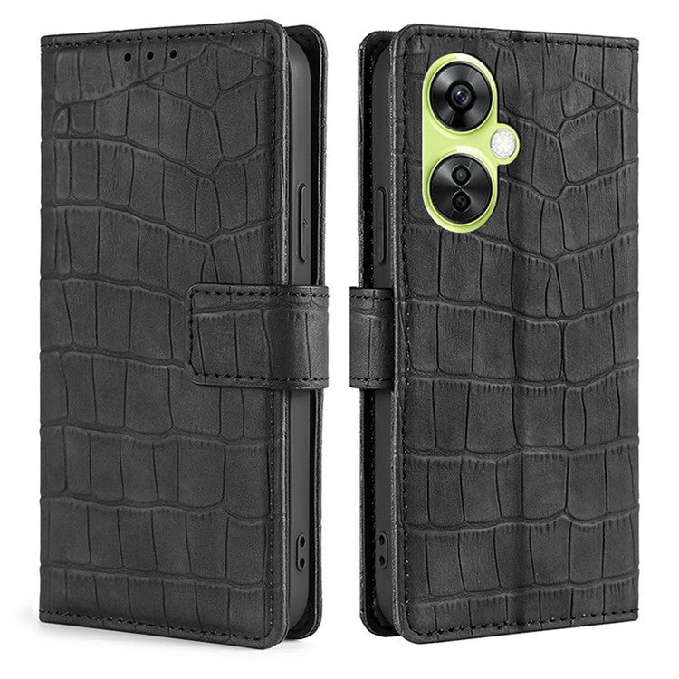 For OnePlus Nord CE 3 Lite 5G / Nord N30 5G PU Leather Crocodile Texture Phone Cover Skin-touch Feeling Stand Wallet Case - Black