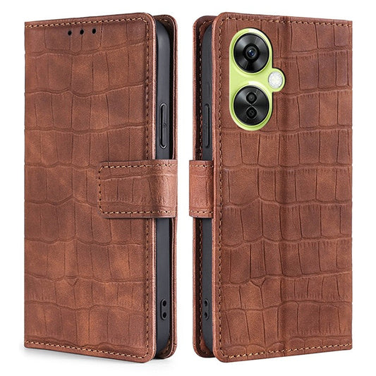 For OnePlus Nord CE 3 Lite 5G / Nord N30 5G PU Leather Crocodile Texture Phone Cover Skin-touch Feeling Stand Wallet Case - Brown