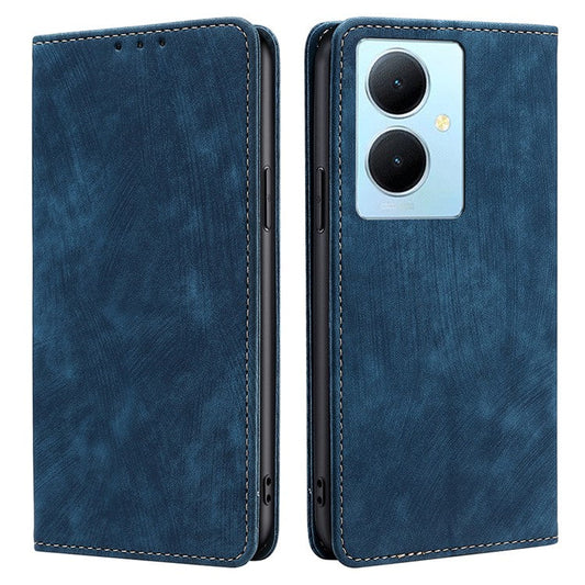 For vivo Y78+ 5G RFID Blocking Wallet PU Leather Phone Case Magnetic Stand Phone Cover - Blue