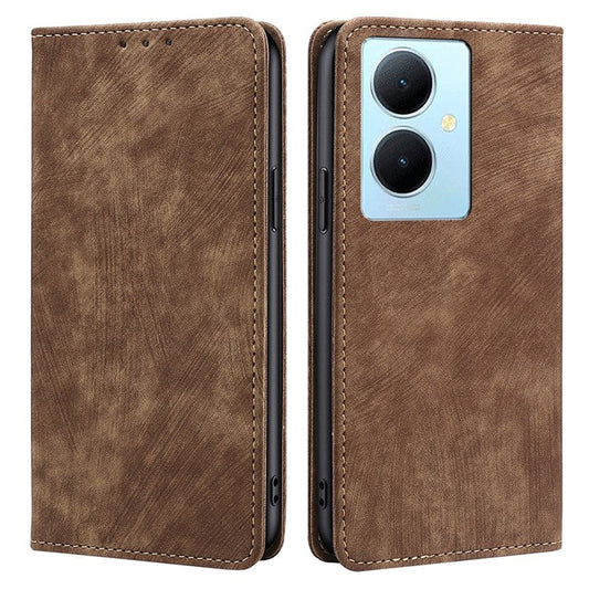 For vivo Y78+ 5G RFID Blocking Wallet PU Leather Phone Case Magnetic Stand Phone Cover - Brown