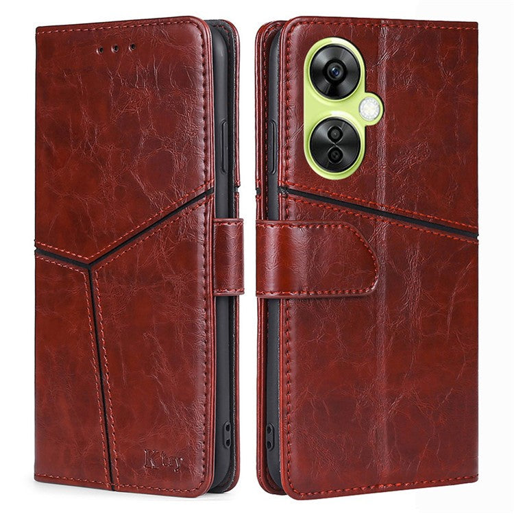 For OnePlus Nord CE 3 Lite 5G / Nord N30 5G PU Leather TPU Interior Protective Case Geometric Splicing Wallet Stand Phone Cover - Dark Brown