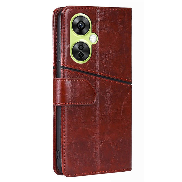 For OnePlus Nord CE 3 Lite 5G / Nord N30 5G PU Leather TPU Interior Protective Case Geometric Splicing Wallet Stand Phone Cover - Dark Brown