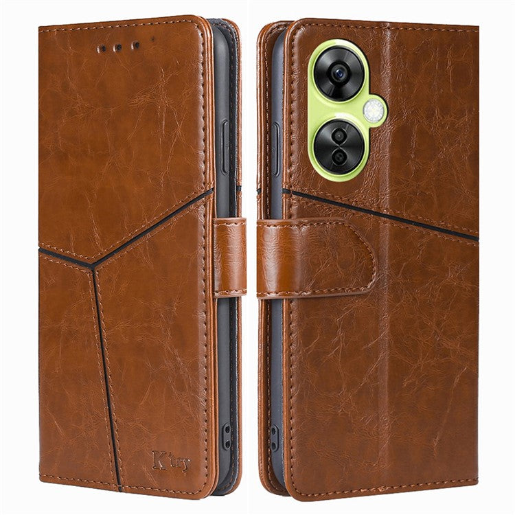 For OnePlus Nord CE 3 Lite 5G / Nord N30 5G PU Leather TPU Interior Protective Case Geometric Splicing Wallet Stand Phone Cover - Light Brown