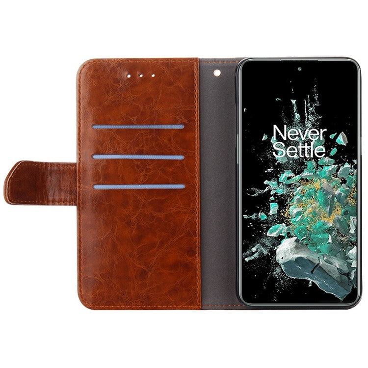 For OnePlus Nord CE 3 Lite 5G / Nord N30 5G PU Leather TPU Interior Protective Case Geometric Splicing Wallet Stand Phone Cover - Light Brown