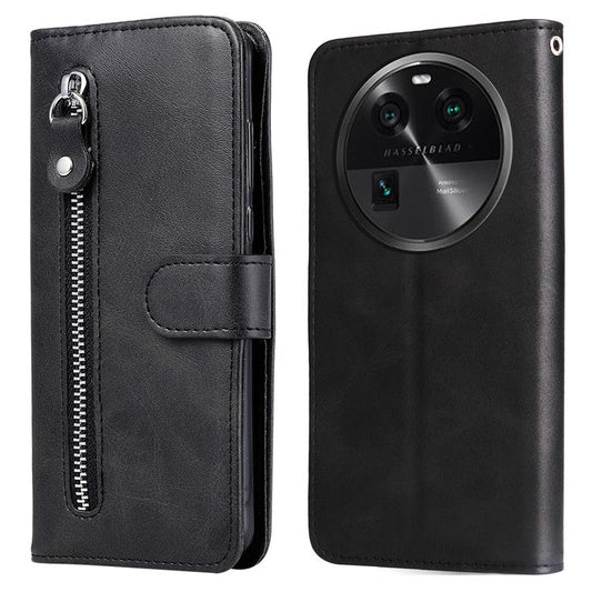 Phone Case for Oppo Find X6 , Calf Texture Zipper Pocket Stand Shell Drop-proof Wallet PU Leather Cover - Black