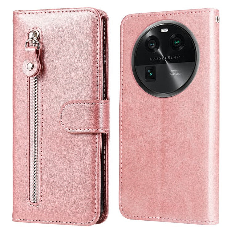 Phone Case for Oppo Find X6 , Calf Texture Zipper Pocket Stand Shell Drop-proof Wallet PU Leather Cover - Pink