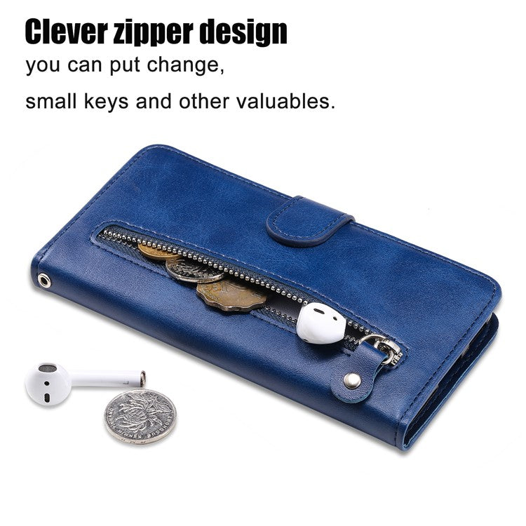 Phone Case for Oppo Find X6 , Calf Texture Zipper Pocket Stand Shell Drop-proof Wallet PU Leather Cover - Blue