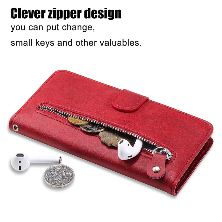 Phone Case for Oppo Find X6 , Calf Texture Zipper Pocket Stand Shell Drop-proof Wallet PU Leather Cover - Red